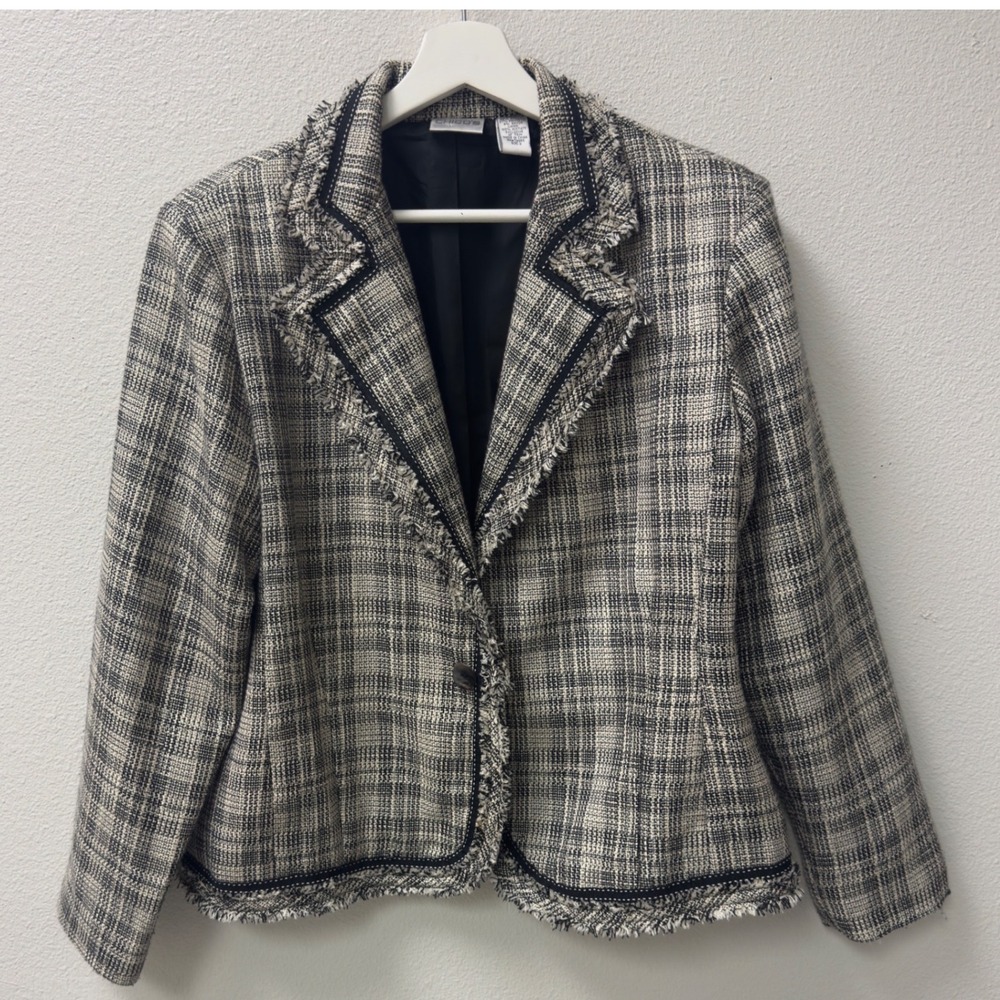 Chico's Blazer Womens 2 Black White Plaid Fringe Trim Tweed Jacket
